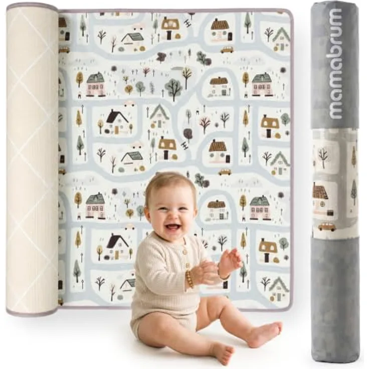 mamabrum XPE Spielmatte für Babys und Kinder, 180 x 150 cm, Doppelseitig, 1,5 cm Polsterung mit Stadtmotiv und sandbeiger Seite