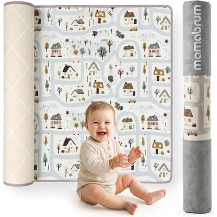 mamabrum XPE Spielmatte für Babys und Kinder, 180 x 150 cm, Doppelseitig, 1,5 cm Polsterung mit Stadtmotiv und sandbeiger Seite – Bild 1