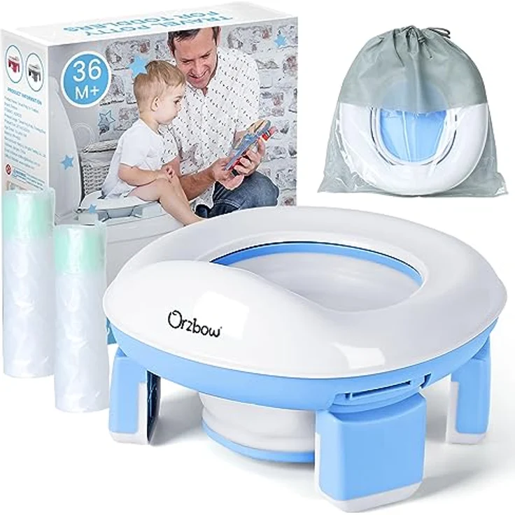 Orzbow Faltbares Reisetöpfchen für Kinder, Tragbarer Toilettensitz mit 40 Töpfchenbeuteln, Anti-Rutsch Design, Blau – Bild 1