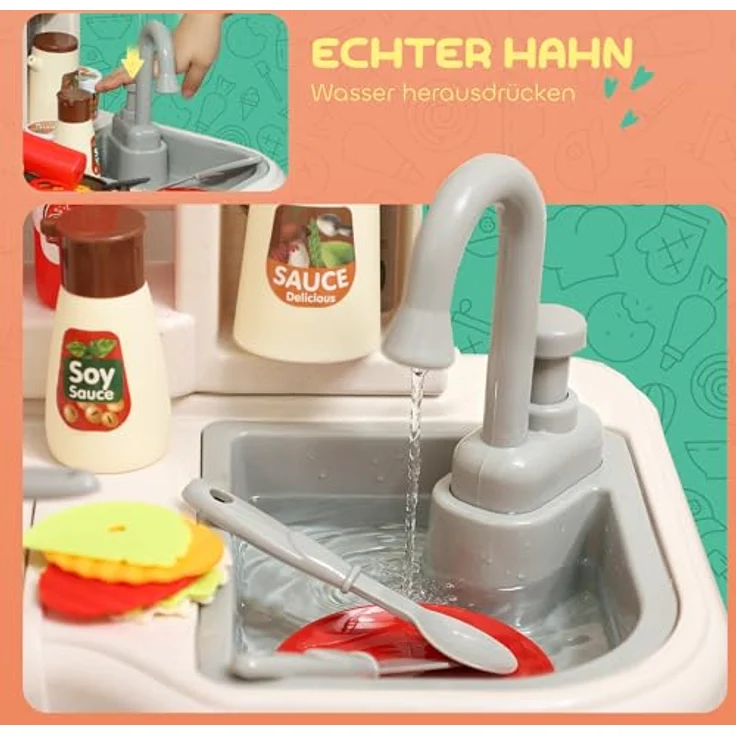 AIYAPLAY Kinderküche Spielküche mit Ofen, Spüle, Licht- und Soundfunktion, 92-teiliges Zubehörset, Spielzeugküche für Kinder, Grün – Bild 4