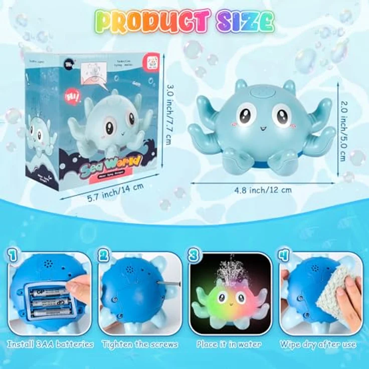Jiosdo Oktopus Badespielzeug, Spray Wasserspielzeug mit Licht, leuchtend, aus ABS-Material, für Baby und Kinder, Blau – Bild 5