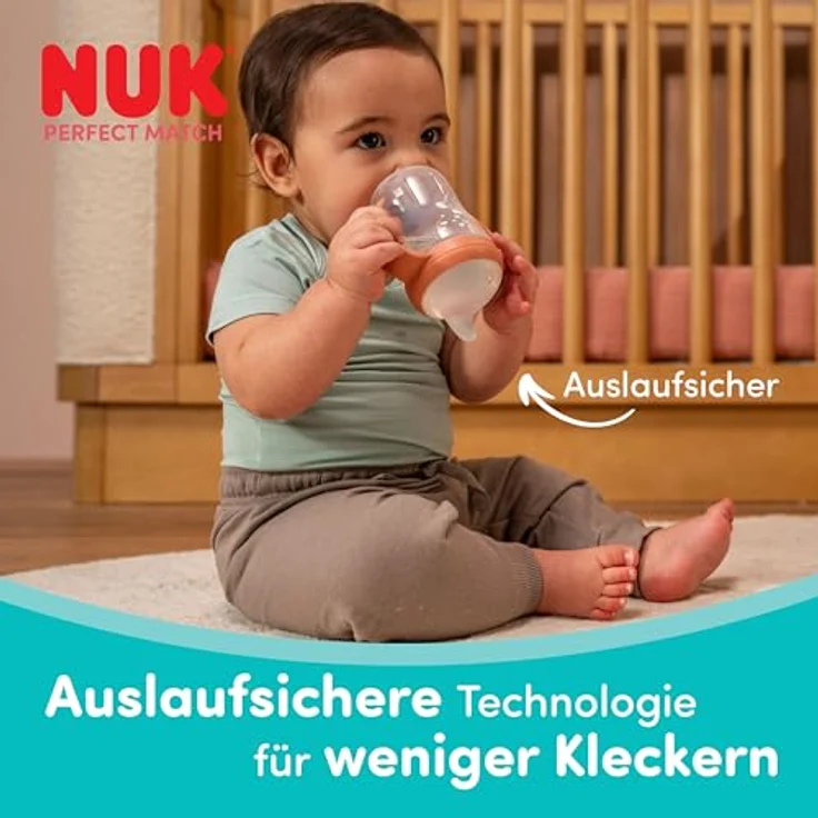 NUK Perfect Match Lernflasche, 150 ml, auslaufsicherer Trinklernbecher für Kleinkinder ab 6 Monaten, mit Anti-Rutsch Griffen, Affe, 1 Stück – Bild 4
