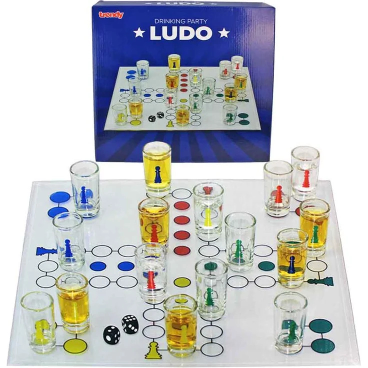 trendy Ludo Trinkspiel mit Shot-Gläsern, 16 Shotgläser à 15 ml, kompaktes Spielfeld 30x30 cm