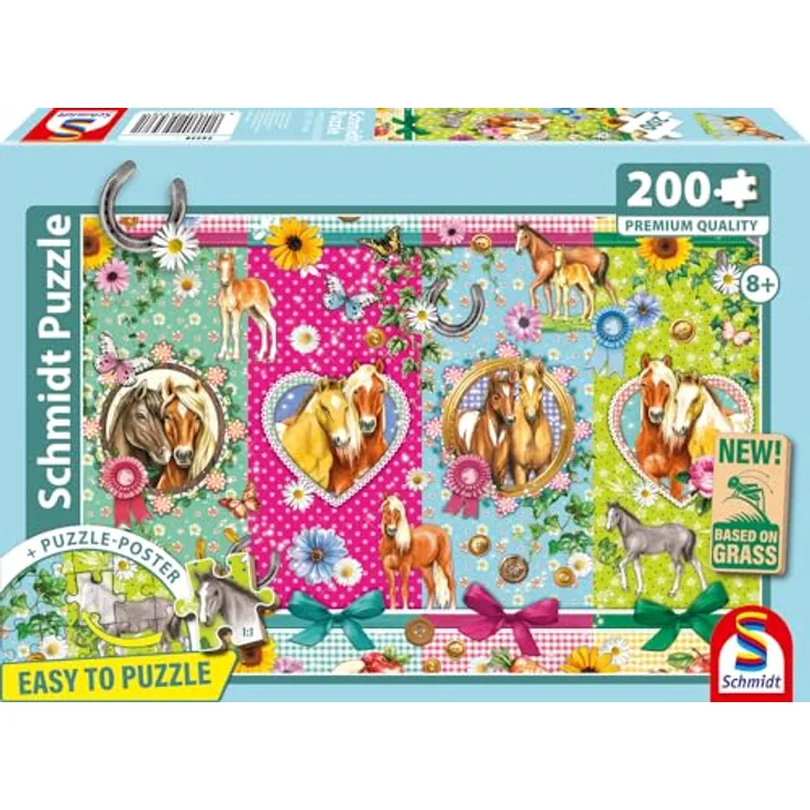 Schmidt Spiele 56538 Alles fürs Pferdeglück, Kinderpuzzle aus Graspappe, 200 Teile, ökologisch, inkl. Puzzleposter 43,2 x 29,1 cm