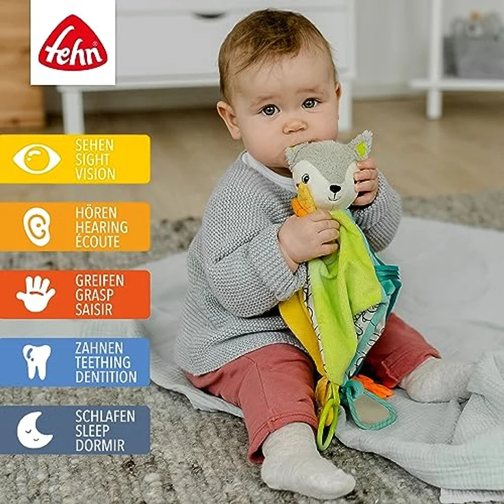 Fehn Activity-Schmusetuch Fuchs Deluxe – Plüschtier, Einschlafhilfe & Schnuffeltuch mit Rassel, Quietsche, Raschelpapier, Spiegel, Beißer zum Knuddeln, Greifen – für Babys & Kleinkinder ab 0+ Monaten – Bild 2