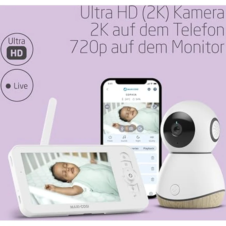 Maxi-Cosi MC See Baby Monitor Pro, Babyphone mit Kamera und Bewegungserkennung, 200 m Reichweite, einschließlich Schlaflieder und Temperaturüberwachung – Bild 5