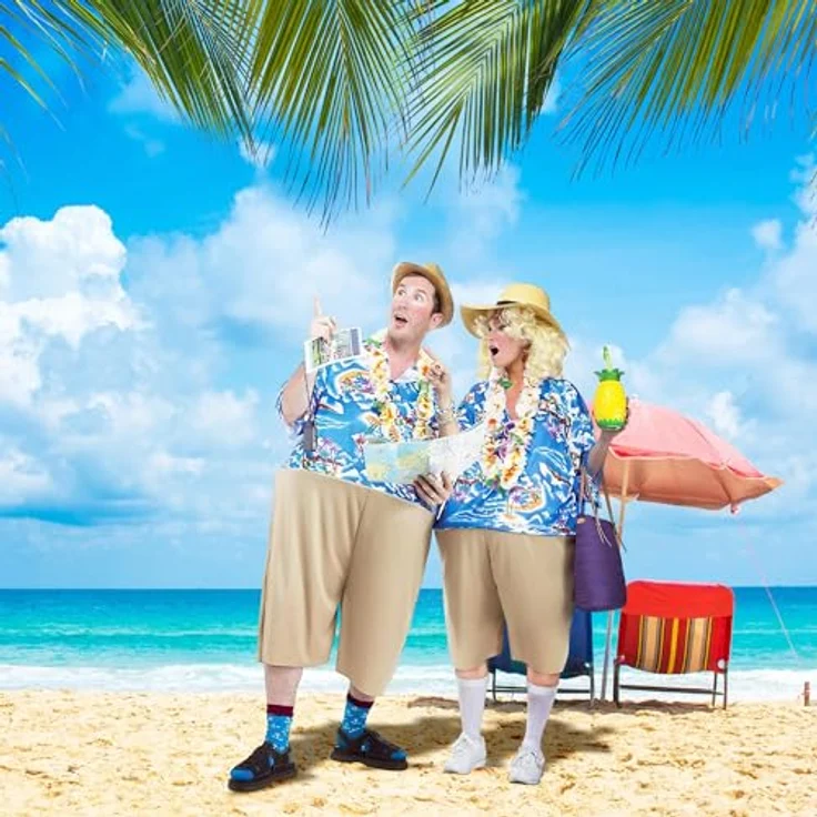 Fun World Division Urlauber Faschingskostüm, Ganzkörperanzug mit Hawaiihemd und Bermudashorts, himmelblau/beige, für Karneval (L, M) – Bild 2
