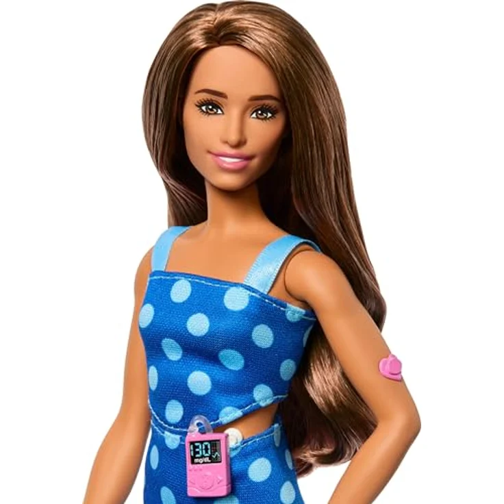 Barbie Fashionista Anziehpuppe mit Typ 1 Diabetes, blaugepuntetes Kleid, inklusive Vielfalt und Modeexperimente – Bild 3