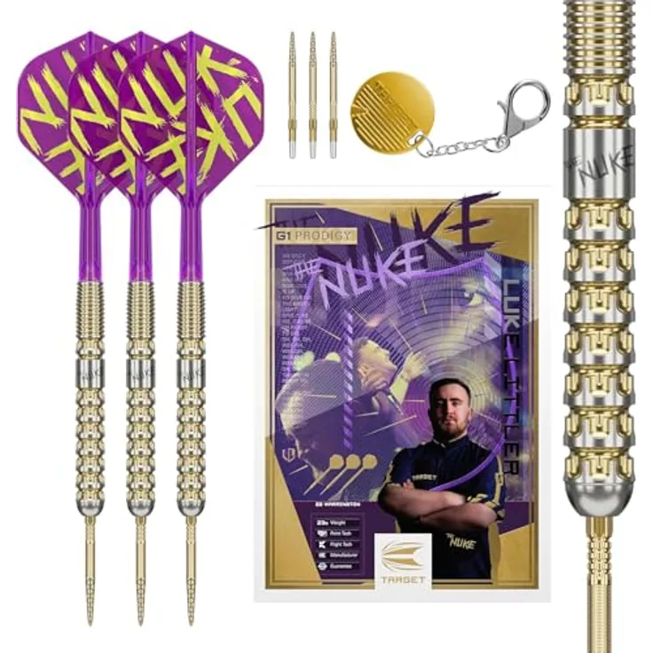 Target Darts Luke Littler Gen 1 Prodigy Steeldarts, 90% Tungsten, 22G, Gold, mit K-Flex Flights und Shafts, Swiss DX Points, Premium Aufbewahrungsbox