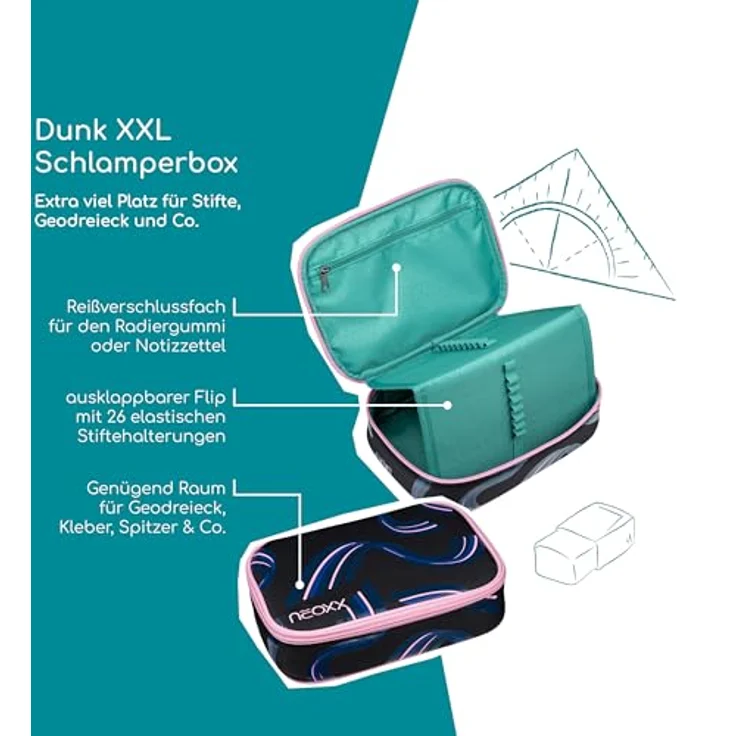 neoxx Schlamperbox Dunk Hello Wave, Federmäppchen mit Platz für 1 Geodreieck und 26 Stifteschlaufen, ca. 23,5 x 17 x 6,5 cm, aus 100% recyceltem PET – Bild 2