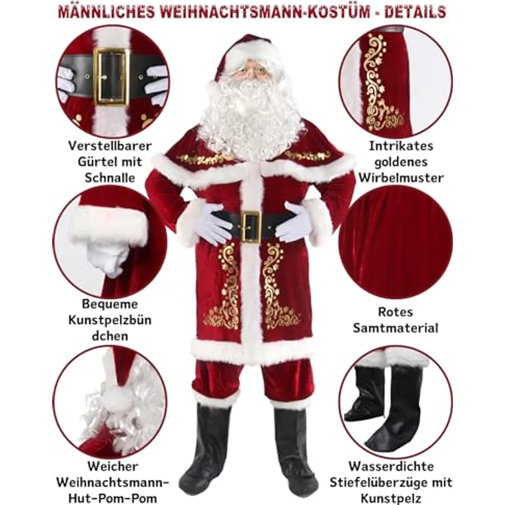 Ahititi Weihnachtsmann Kostüm für Männer 12 STK Set Weihnachtsfeier Cosplay für Erwachsene Roter Deluxe Samt Weihnachtsmann-Anzug XL – Bild 6