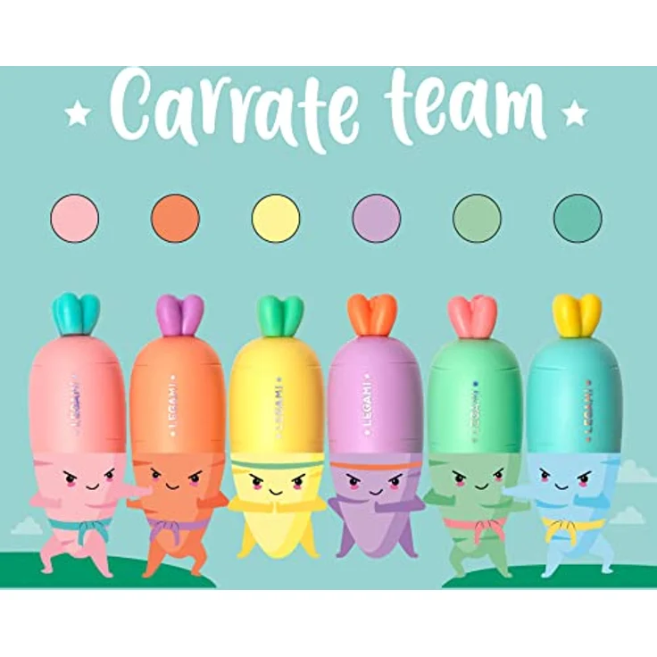 Legami HC0001 Set mit 6 Mini-Textmarker, Carrate Team, in Karotteform, Tinte auf Wasserbasis, für feine und dicke Striche, Pastellfarben, schnell trocknend – Bild 2