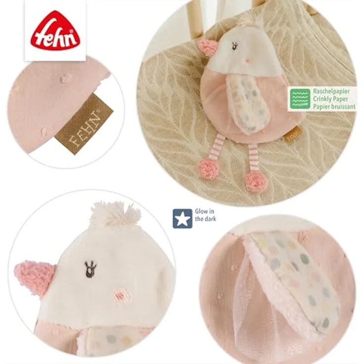 Fehn Greifspielzeug feehnLAND Knister-Vogel, Activity-Rascheltier mit Glow-in-the-dark Bestickung, fördert Sinne & Motorik, für Babys ab 0 Monaten – Bild 5