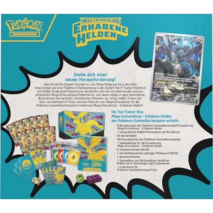Pokémon Top-Trainer-Box Mega-Entwicklung – Erhabene Helden, 1 Promokarte, 9 Boosterpacks, Premium-Zubehör – Bild 4