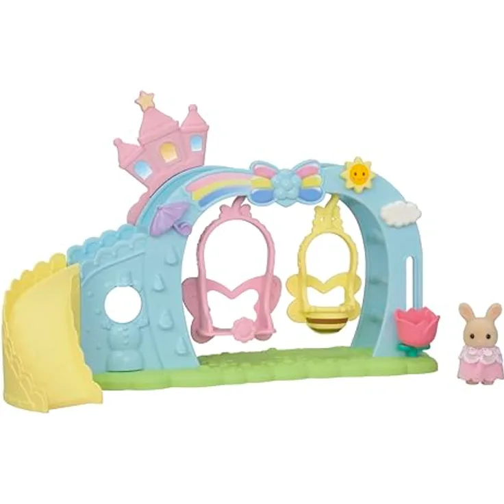 EPOCH Games Sylvanian Erlebniskindergarten Schaukel mit Figur, Spielset mit Milkrabbit-Baby, 2 Schaukeln, Rutsche und Bouldering-Wall