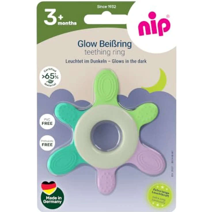 nip Glow Beißring Baby Zahnungshilfe, leuchtend im Dunkeln, ergonomisch, sanfte Massageoberfläche, ab 3 Monate – Bild 2