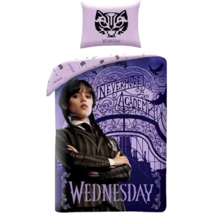 Halantex WEDNESDAY NEVERMORE ACADEMY Bettbezug 140x200 cm mit Kissenbezug 70x90 cm, 100% Baumwolle, Wendbar, Mehrfarbig
