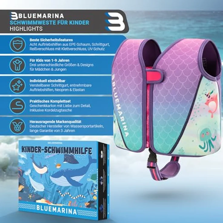 Bluemarina Schwimmweste für Kinder, Schwimmlernhilfe mit UV-Schutz und Schrittgurt, Größe M (Mermaid, 15-19 kg) – Bild 2