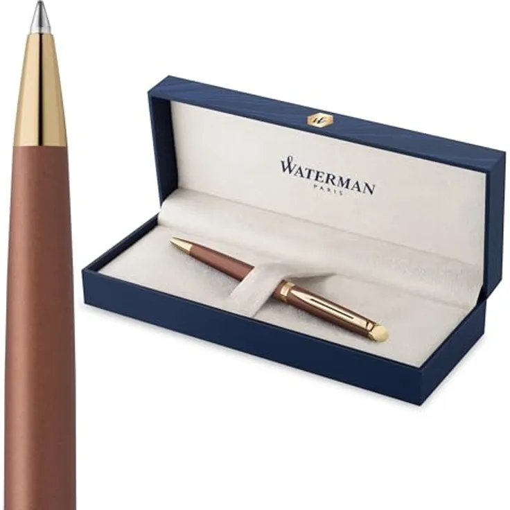 Waterman Hémisphère Understated Edition Kugelschreiber, elegante schmale Silhouette in Gold und Kupferrot, schnelle Tinte, Standard Maxima Mine M blau