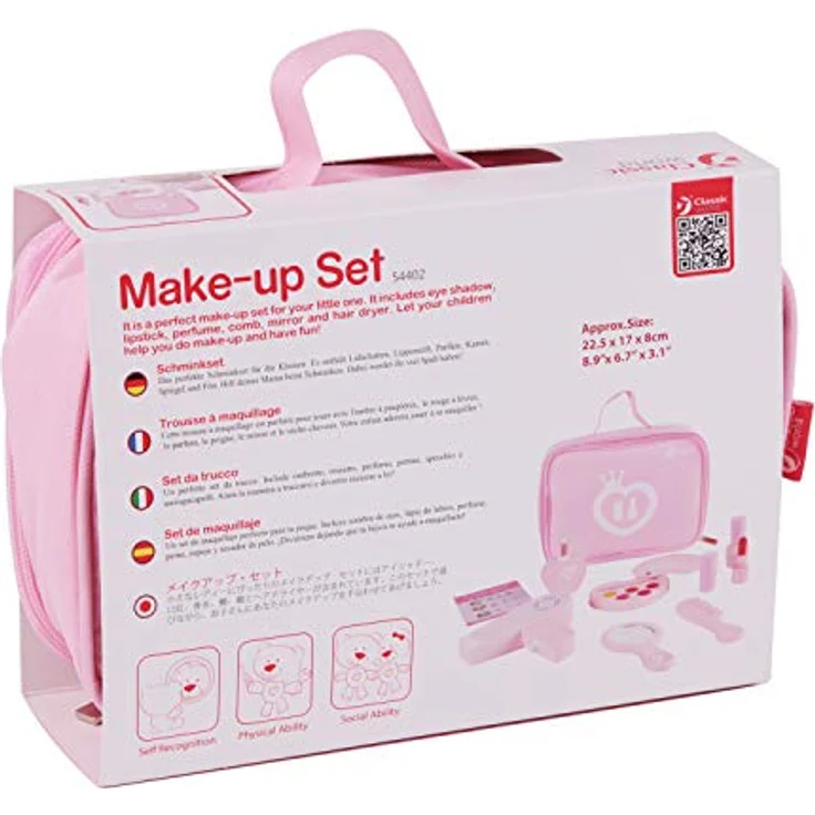 Classic World 9-teiliges Schminkset aus Holz, für Rollenspiele, Lidschatten, Lippenstift, Parfüm, Nagellack, Kamm, Spiegel, Haartrockner und Kosmetikkoffer, Rosa – Bild 4