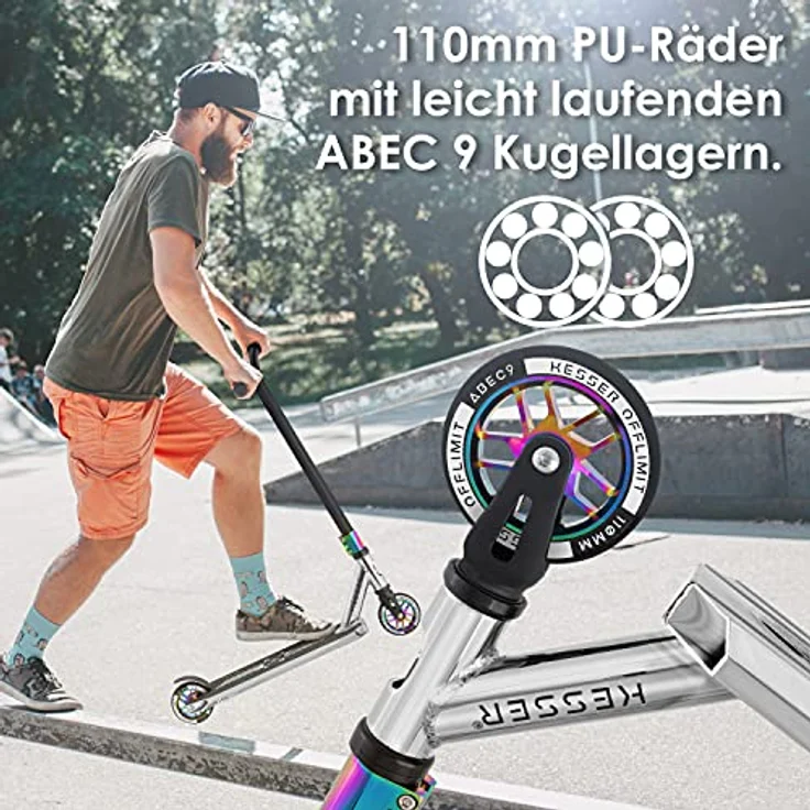 KESSER® Stunt Scooter X-Limit-Pro 360° Lenkung Funscooter Stuntscooter mit Ständer ABEC 9 Kugellagern, 110 mm PU Räder , Kickscooter Tretroller Cityroller Trick Roller für Kinder Erwachsene Chrome / Silber – Bild 5