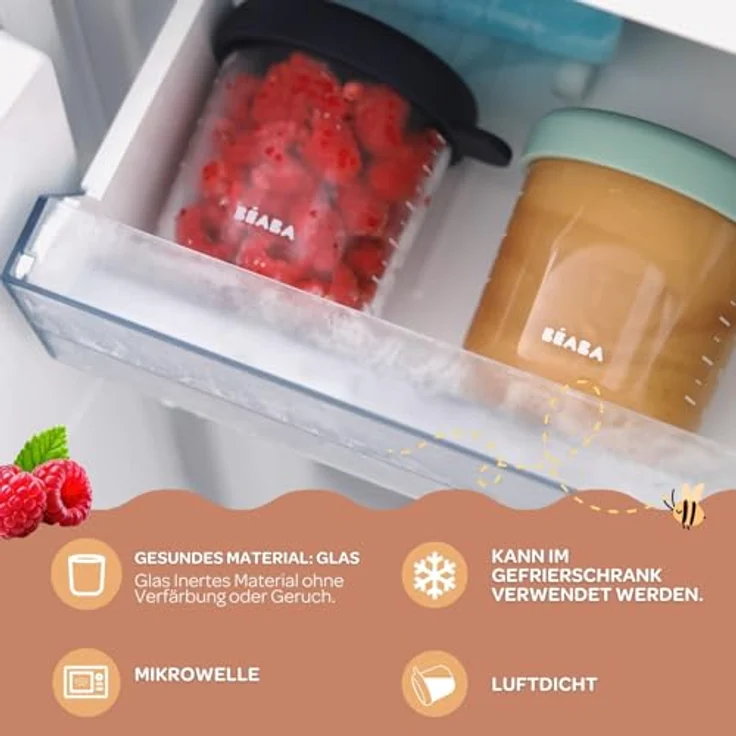 Beaba Glasportionenset, Babynahrungsbehälter mit 4 x 250 ml Portionengläschen, hitzebeständig und mit hermetischen Silikondeckeln, transparent – Bild 5