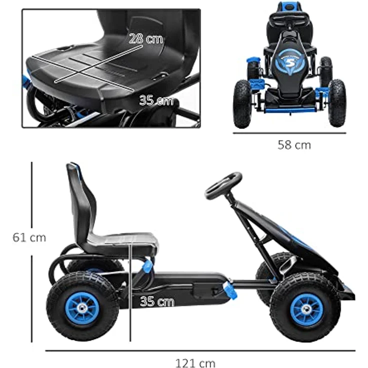 HOMCOM Gokart, Kinderfahrzeug mit verstellbarem Sitz, Tretauto mit Gummireifen, Pedal und Handbremse, Kettcar für Kinder ab 5 Jahren, Outdoor, Blau+Schwarz – Bild 8