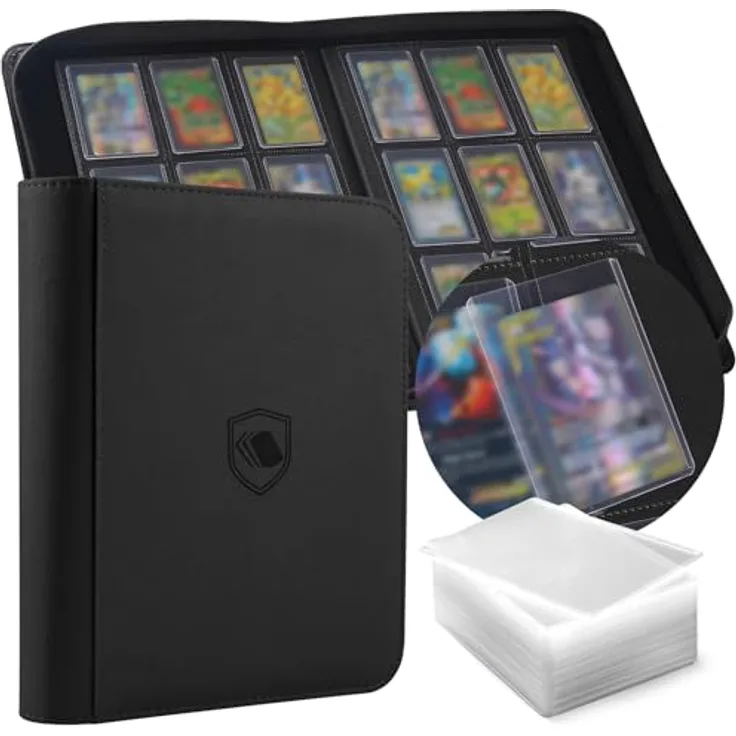 khlerox Toploader Sammelkarten Album für 360 Karten, inkl. 108 Toploader und 100 Kartenhüllen, wasserabweisend, schwarz