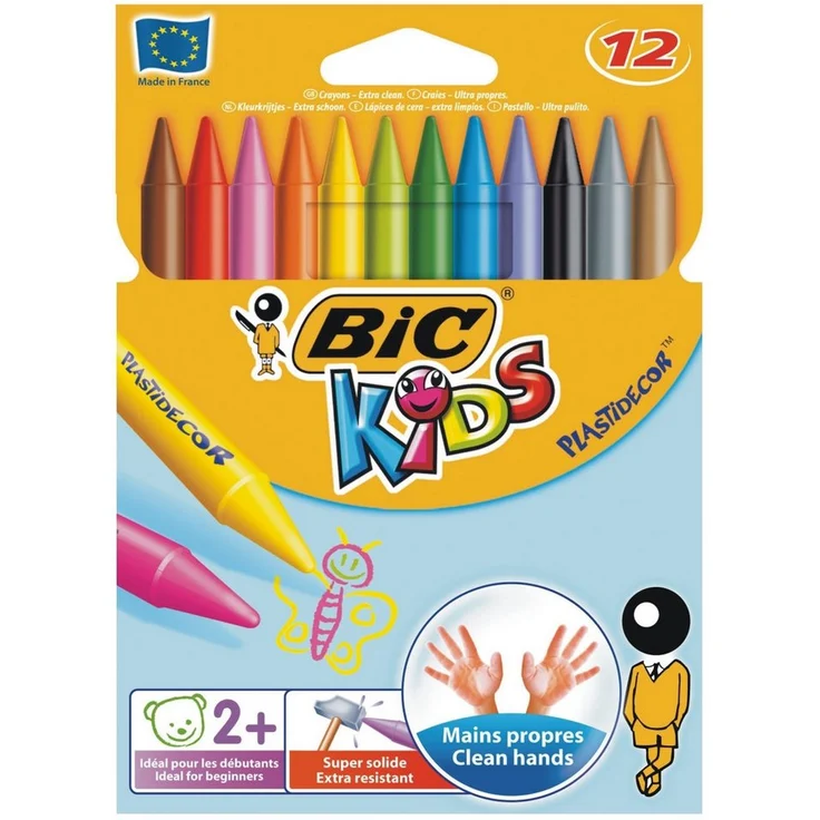 BIC Plastidecor Buntstifte, sortiert, 12er Pack, sauberes Malen ohne Abfärben, robust und bruchsicher, 12 leuchtende Farben