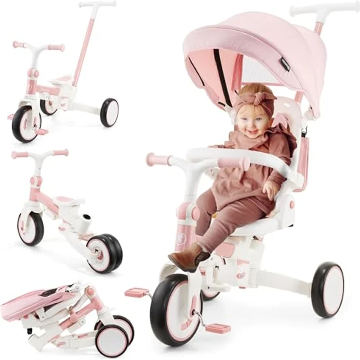 HyperMotion 8-in-1 Dreirad TOBI Forest (Rosa) für Kinder ab 1 Jahr, mit 360° drehbarem Sitz, höhenverstellbarer Schubstange, klappbarem Sonnendach und EVA Rädern – Bild 1