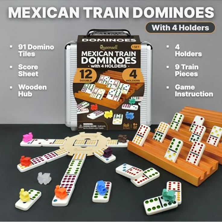 Queensell Mexikanisches Zug-Domino-Set D12, mit 4 Haltern aus Holz, 91 farbenfrohen Spielsteinen und Aluminium-Tragekoffer, für 2-9 Spieler ab 8 Jahren – Bild 2