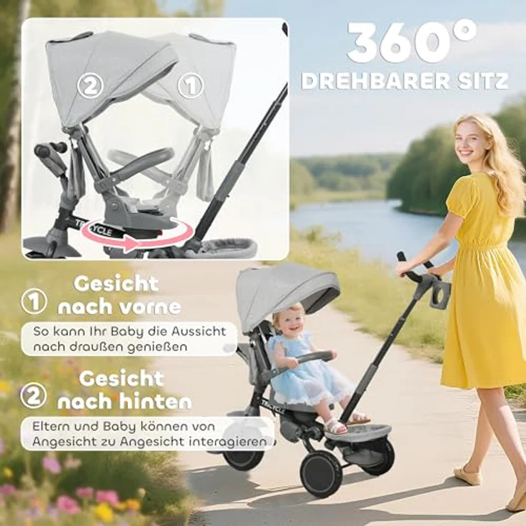 AIYAPLAY Dreirad 6in1, mit Schubstange, drehbarem Sitz, Korb, Tasche, Getränkehalter, für 1-5 Jahre, Grau – Bild 4