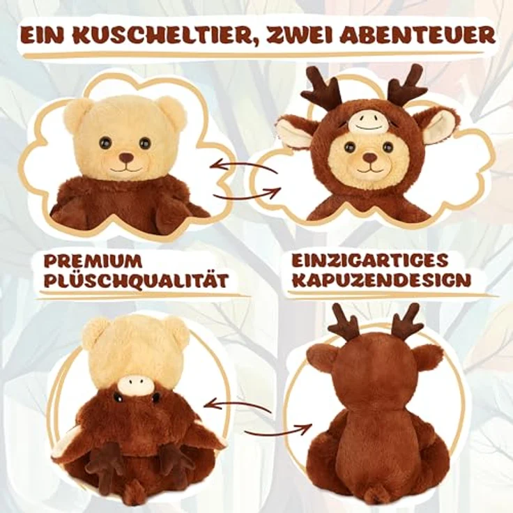 BRUBIES Teddy Hirsch, 25 cm Teddybär im Hirschkostüm mit abnehmbarer Kapuze, weiches Plüschtier für Kinder, ideales Geschenk zum Kuscheln und Sammeln – Bild 3