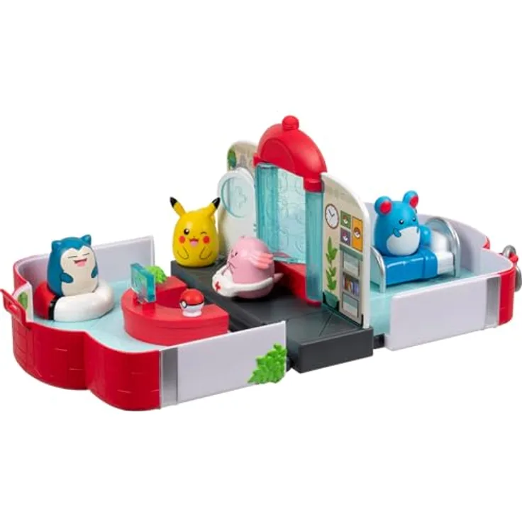 Jazwares Pokémon Center Playset - Squishalongs mit 4 Mini-Squish Figuren, tragbar und mit umklappbarem Heilbildschirm