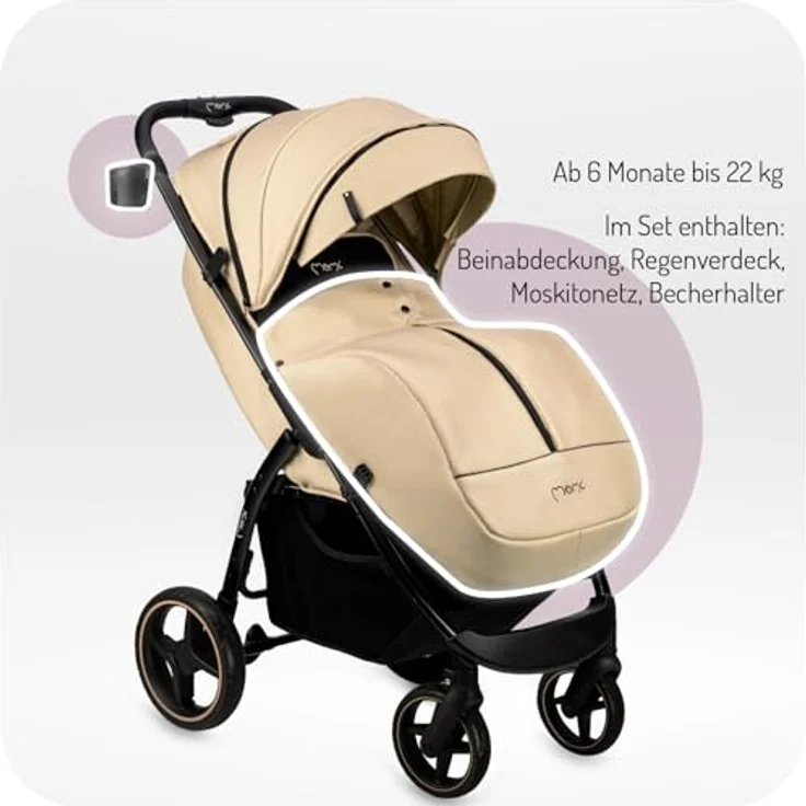 MoMi MIYA EVA Buggy, Kinderwagen mit Einhand-Faltung, XL-Rädern, 4-Rad-Federung, Beige, Zubehörset – Bild 5