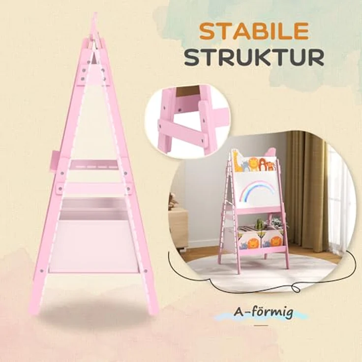 AIYAPLAY Kinder Staffelei 2-in-1, doppelseitige Tafel mit Kreidetafel und Whiteboard, inkl. 2 Aufbewahrungsboxen, rosa, für Kinder 3-8 Jahre – Bild 6