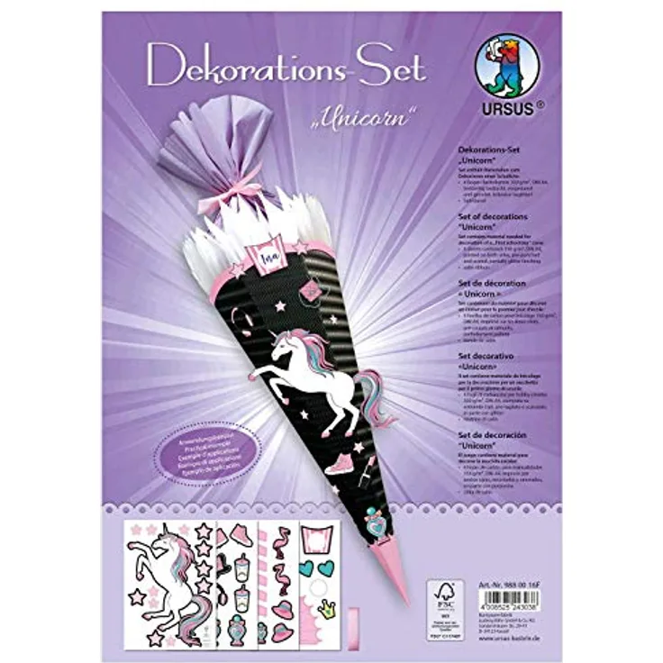 Ursus 9880016F - Dekorations Einhorn, DIN A4, Set mit Materialien zum Dekorieren Einer Schultüte, mit 4 Bogen Bastelkarton 350 g/qm, (beidseitig Bedruckt und vorgestanzt) sowie Satinband, bunt