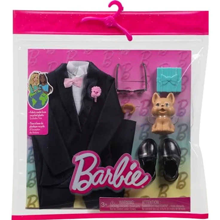 Barbie Fashions 2er-Pack Bräutigam Mode, Smoking mit Accessoires und Haustier, schwarz-rosa – Bild 2