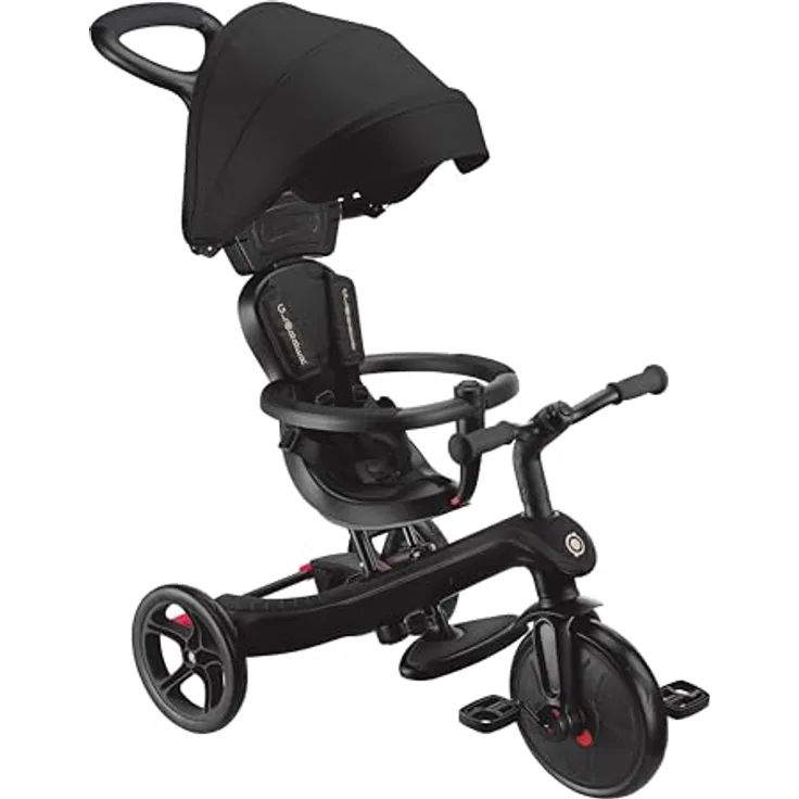 GLOBBER Explorer Trike 4in1 Pro, Kinderfahrzeug in Schwarz, Dreirad, Laufrad und Kinderwagen, 10/8,5 Zoll, höhenverstellbarer TPR-Sitz