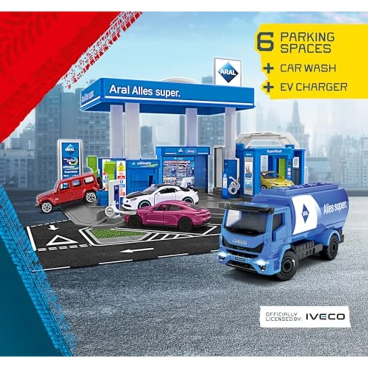 Majorette Petrol Station ARAL, Spielzeug-Tankstelle mit Waschanlage, Shop und Zapfsäulen, inkl. Spielzeugauto, 17x28x10 cm, blau – Bild 4