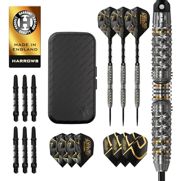 Harrows Opus Darts-Set, 16-teiliges Profi-Dart-Set mit 90% Wolframstahlspitze, Carbon ST-Schäften, Opus-Flights, 21g, mit Slimcase-Dartkoffer