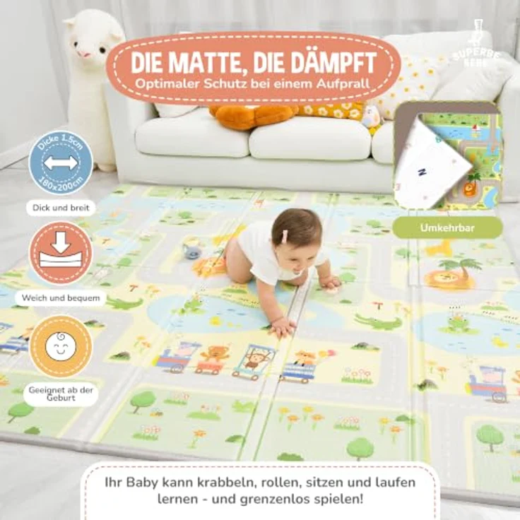 SUPERBE BEBE Krabbelmatte Faltbar 180x200x1.5cm, Wasserdicht, Ökologisch, Rutschfest, Umkehrbar, Mit Buchstaben und Zahlen für Babys und Kinder – Bild 2