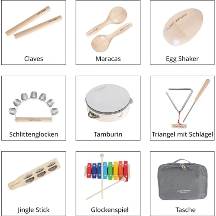 Classic Cantabile Kinder-Percussion Set - 13-Teiliges Percussion Set mit Glockenspiel, Tambourin aus Holz, Maracas, Triangel und Egg-Shaker - Ideal für Kindergarten und Musikalische Früherziehung – Bild 4