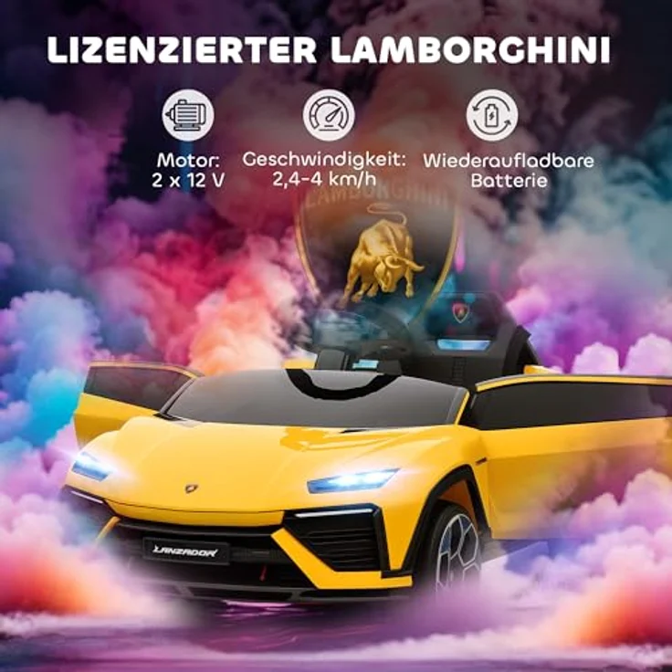 AIYAPLAY AIYAPLAY Kinder Elektroauto 12V, Lamborghini-Lizenz, 2,4 GHz Fernbedienung, 2 Motoren, LED, Musik, sanfter Start, für 3–6 Jahre, Gelb – Bild 3