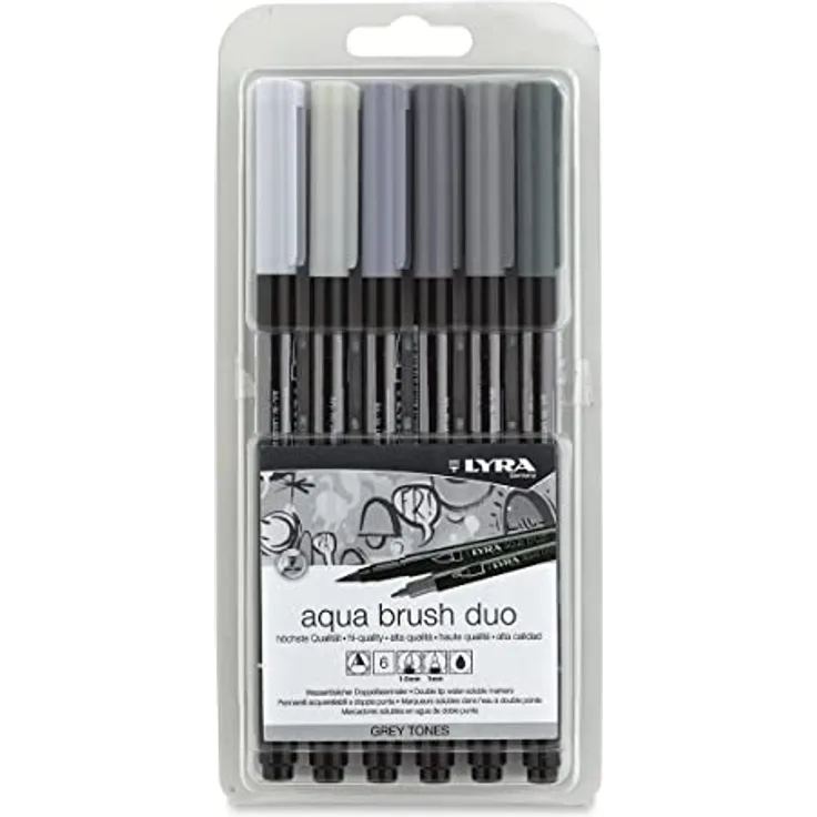 LYRA Aqua Brush Duo Grautöne, Set mit 6 wasserbasierten Filzstiften, feine und breite Spitzen