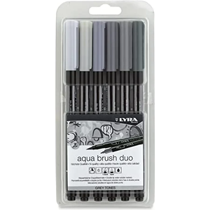 LYRA Aqua Brush Duo Grautöne, Set mit 6 wasserbasierten Filzstiften, feine und breite Spitzen – Bild 1