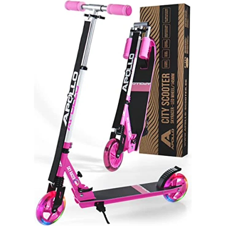 Apollo Skyracer City Roller mit LED Leuchträdern | Tretroller für Kinder und Teens | Federung | klappbar und höhenverstellbar – Bild 1
