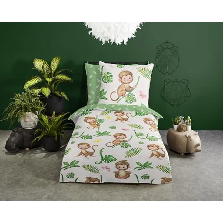 Good Morning Kinder Bettwäsche 135x200 Play Affen Äffchen Dschungel Monstera Blätter Wende grün 31198, 100% Baumwolle, Öko-Tex Standard 100 – Bild 2