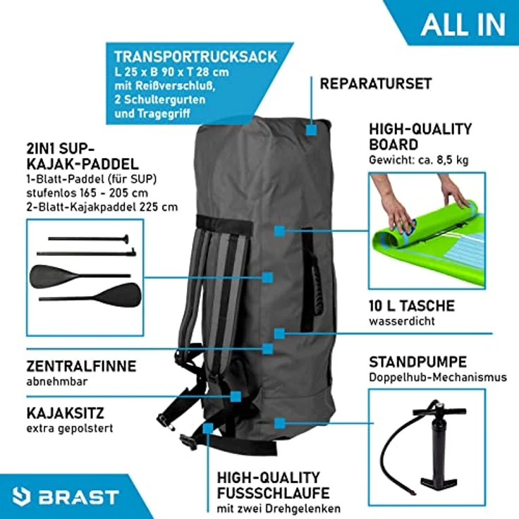 BRAST SUP Board SUPER Set Aufblasbares Stand up Paddle mit extra Zubehör 320x81x15cm Grün incl. Kajaksitz Kamerahalterung Paddel Fußschleife Rucksack Pumpe - Preisvergleich – Bild 10