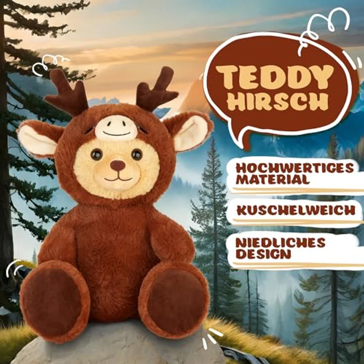 BRUBIES Teddy Hirsch, 25 cm Teddybär im Hirschkostüm mit abnehmbarer Kapuze, weiches Plüschtier für Kinder, ideales Geschenk zum Kuscheln und Sammeln – Bild 2